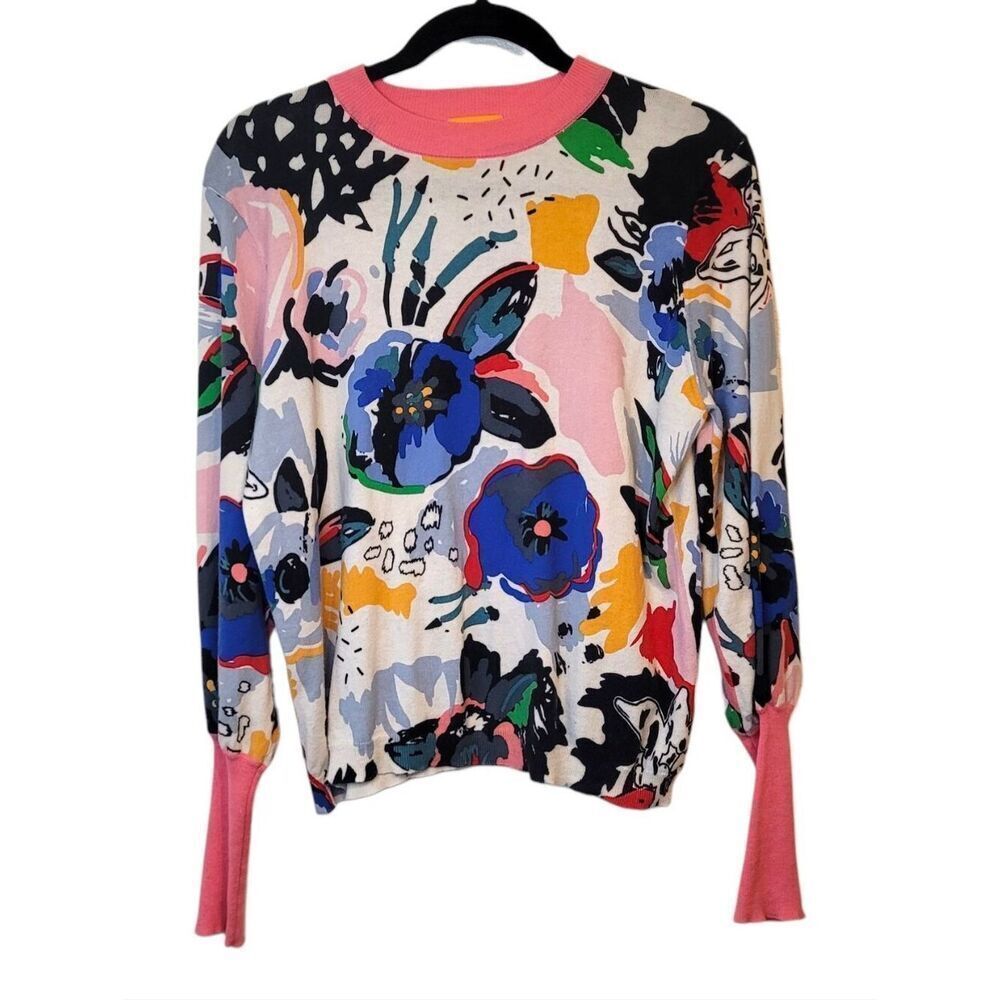 WISPR Floral Silk Blend Multi-color Crew neck Sweater With Pink Trim Size S
